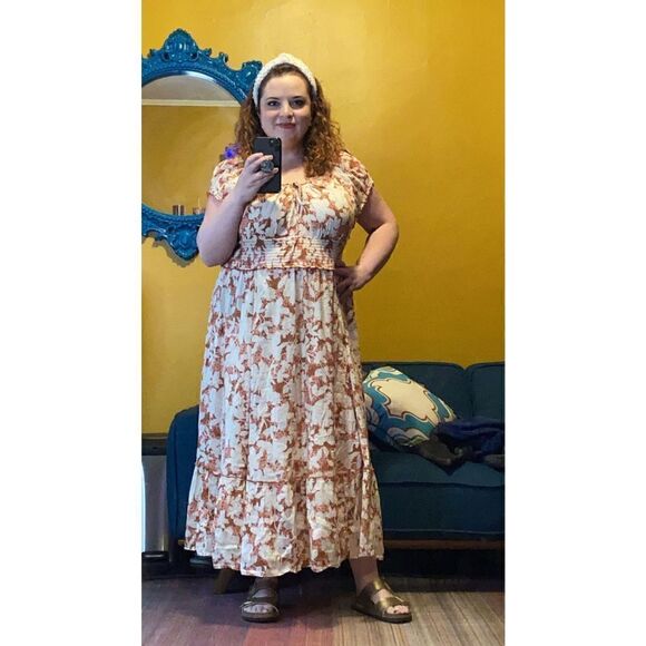 Old Navy Womens Smocked Coral Maxi Dress Sz XL Floral Stretch Peasant - Picture 1 of 9